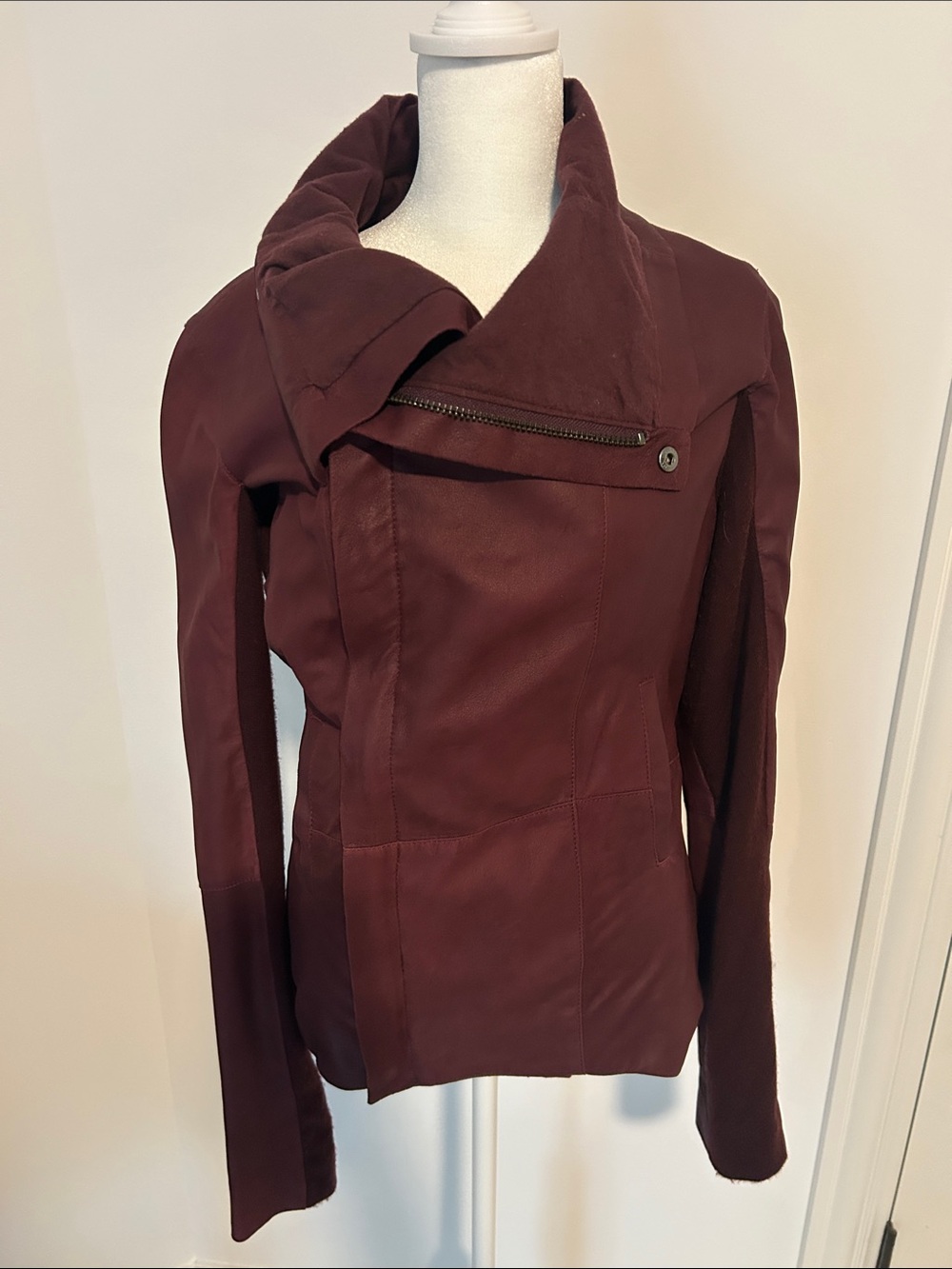 Veda Burgundy Asymmetrical Leather Jacket- large